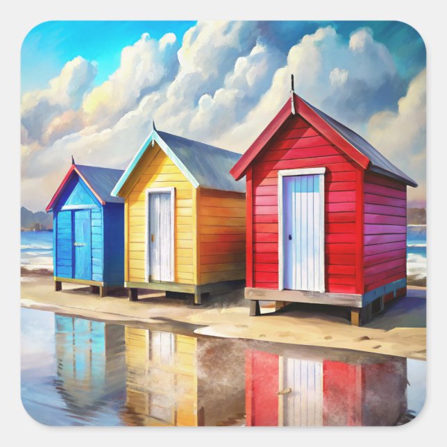 Beach Huts Square Sticker (Front)