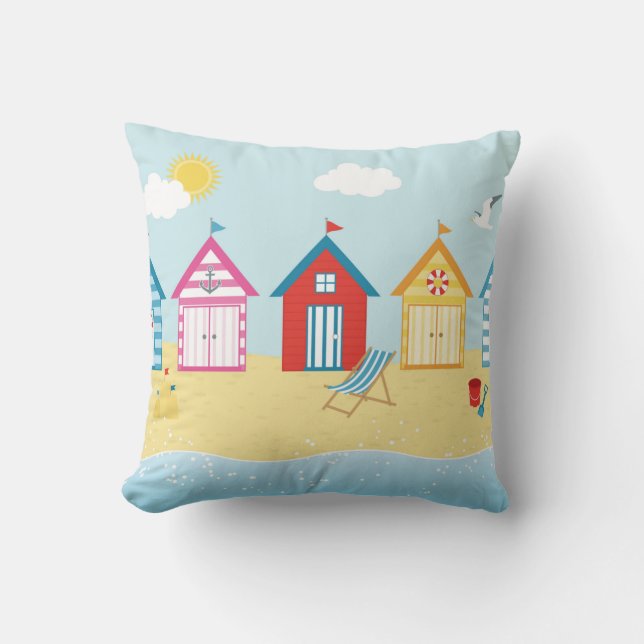 Beach Huts Throw Pillow (Front)