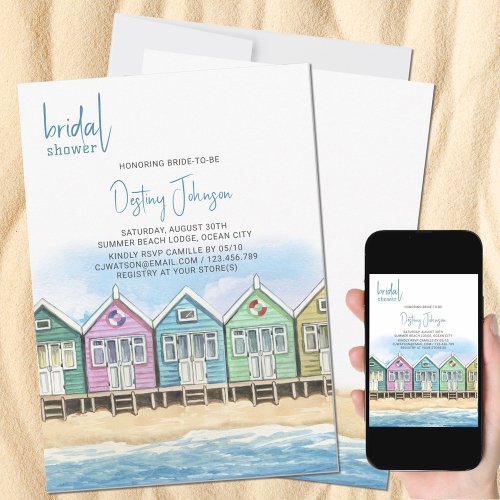 Beach Huts Watercolor Ocean Front Bridal Shower Invitation