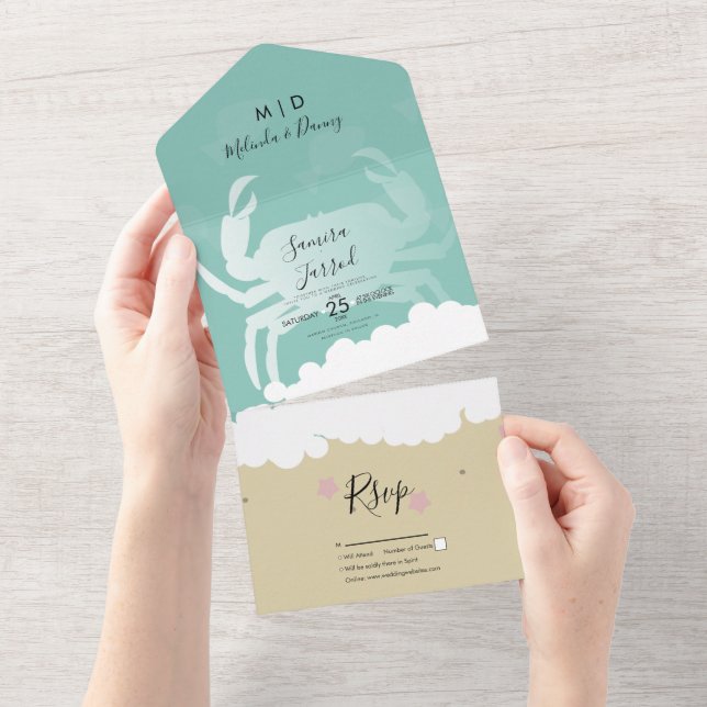 Beach Illustrated Sand Crab Wedding All In One Invitation (Tearaway)