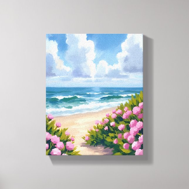 Beach in Bloom | Pink Hydrangea Oceanside Coastal Canvas Print (Front)