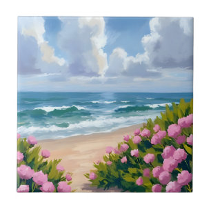 Beach in Bloom Pink Hydrangea Oceanside Coastal Ceramic Tile