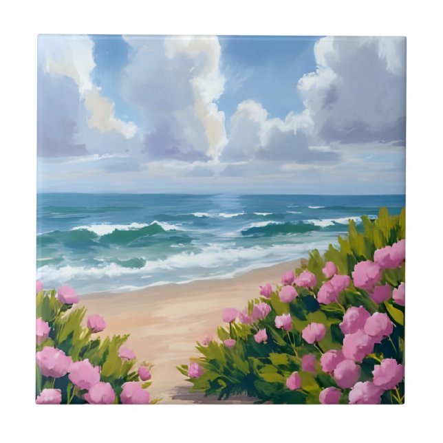 Beach in Bloom | Pink Hydrangea Oceanside Coastal Ceramic Tile (Front)
