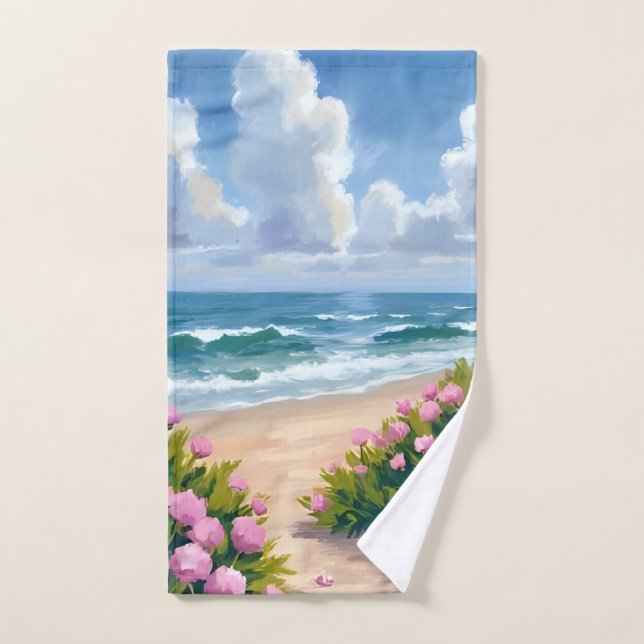 Beach in Bloom | Pink Hydrangea Oceanside Coastal Hand Towel (Hand Towel)