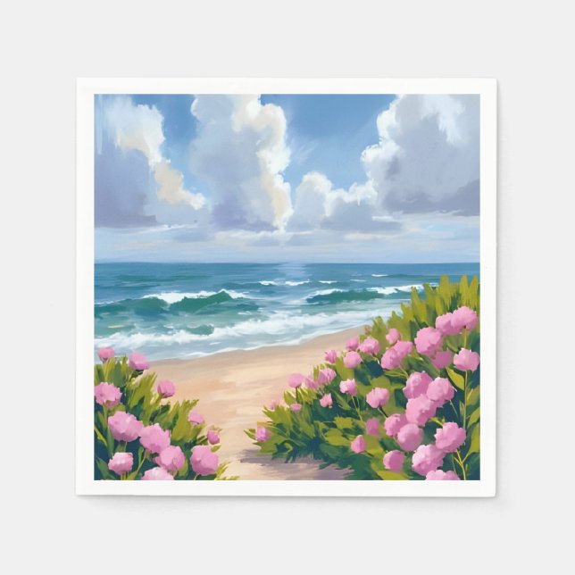 Beach in Bloom | Pink Hydrangea Oceanside Coastal Napkins (Front)