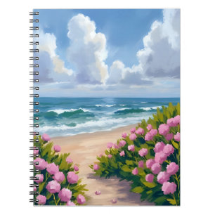 Beach in Bloom   Pink Hydrangea Oceanside Coastal Notebook