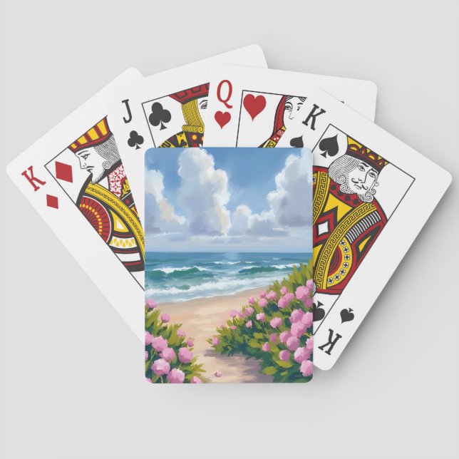 Beach in Bloom | Pink Hydrangea Oceanside Coastal Poker Cards (Back)