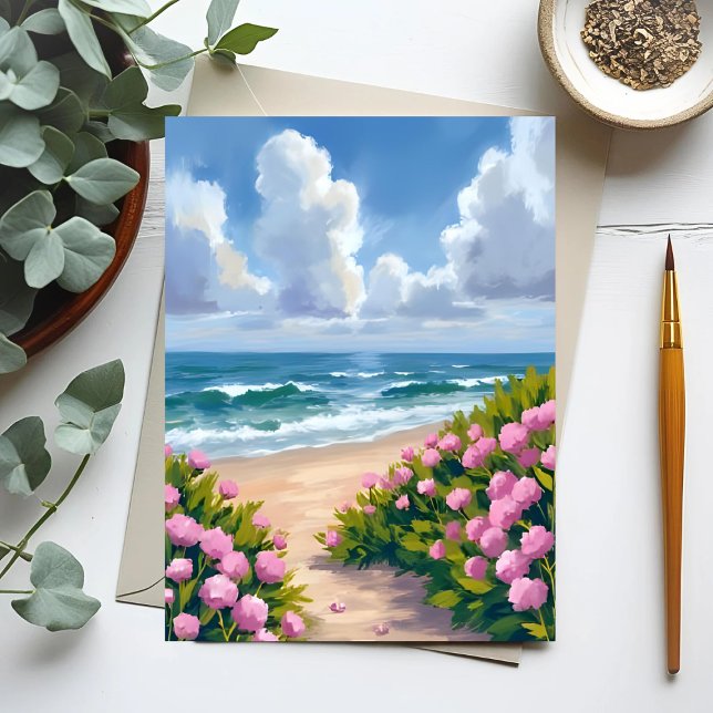 Beach in Bloom | Pink Hydrangea Oceanside Coastal Postcard (Creator Uploaded)
