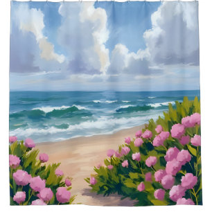 Beach in Bloom Pink Hydrangea Oceanside Coastal Shower Curtain