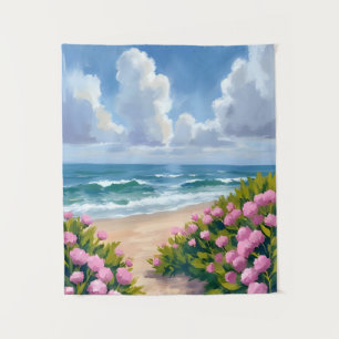 Beach in Bloom Pink Hydrangea Oceanside Coastal Tapestry