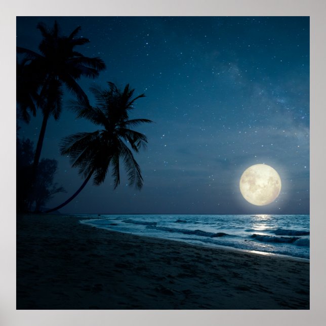 Beach in night skies and full moon poster (Front)