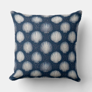 Beach-Inspired Navy and White Seashell Throw Pillow