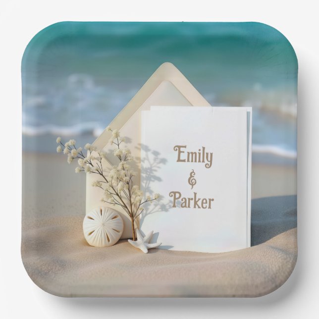 Beach Invitation In Sand With Starfish Paper Plates (Front)