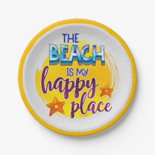 Beach Is Happy Place Quote Bright Sunny Yellow  Paper Plates