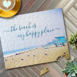Beach Is Happy Place Script Lifeguard Booth Photo Jigsaw Puzzle<br><div class="desc">“The beach is my happy place.” Relax and remind yourself of the fresh salt smell of the ocean air whenever you use this stunning light blue, pastel-colored photo jigsaw puzzle. Exhale and explore the solitude of an empty California beach, complete with turquoise lifeguard booth and seagulls. Makes a great gift!...</div>