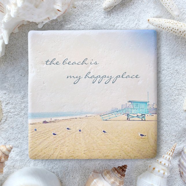 Beach Is My Happy Place Coastal Ocean Sand Seagull Stone Coaster (Creator Uploaded)