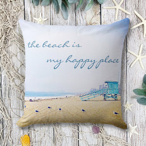 Beach Is My Happy Place Ocean Sand Birds Photo Throw Pillow