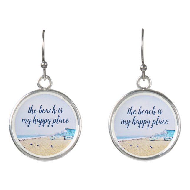 Beach Is My Happy Place Script CA Ocean Landscape Earrings (Front)