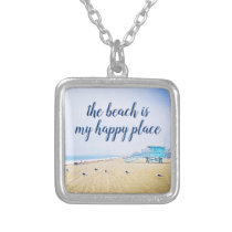 Beach Is My Happy Place Script CA Ocean Landscape Silver Plated Necklace