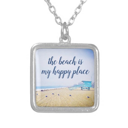 Beach Is My Happy Place Script CA Ocean Landscape Silver Plated Necklace