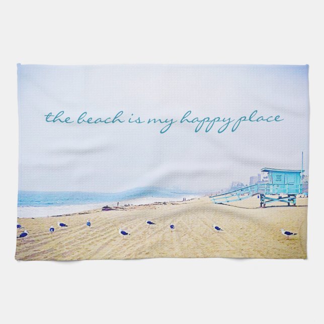 Beach Is My Happy Place Script California Coastal Kitchen Towel (Horizontal)