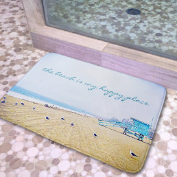 Beach Is My Happy Place Script Ocean Coastal Photo Bathroom Mat