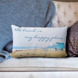 Beach Is My Happy Place Script Ocean Sand Coastal Lumbar Pillow