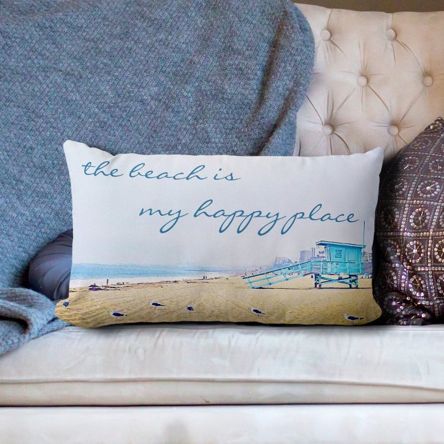 Beach Is My Happy Place Script Ocean Sand Coastal  Lumbar Pillow (Creator Uploaded)