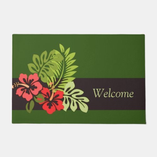 Beach Island Summer Tropical Hibiscus Flowers Leaf Doormat