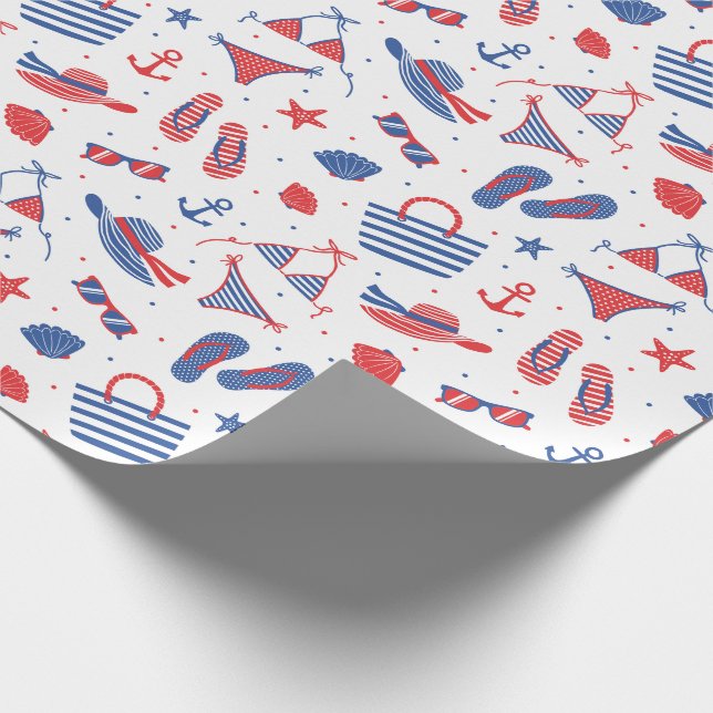 Beach Items in Red Blue White Wrapping Paper (Corner)