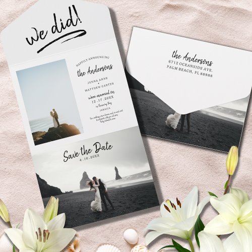 Beach Just Married Wedding Announcement Save Date 