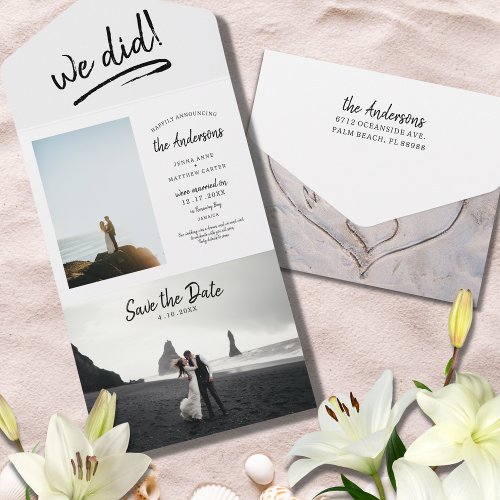 Beach Just Married Wedding Announcement Save Date 