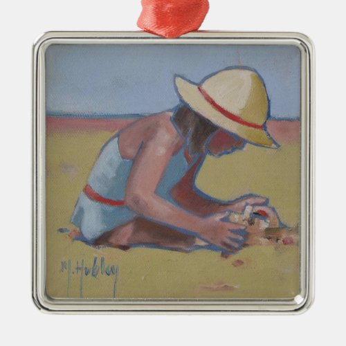 Beach Kid Cute little girl playing in sand Metal Ornament