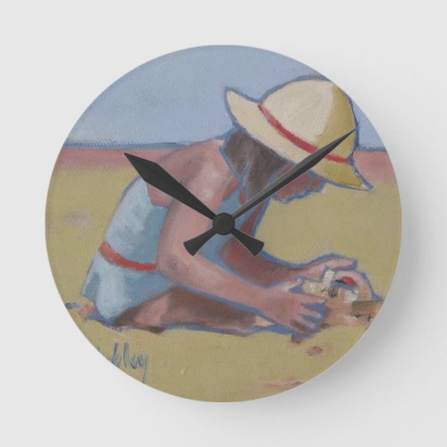 Beach Kid Cute little girl playing in sand Round Clock