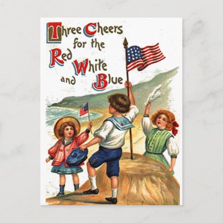 Beach Kids 4th Of July Flag Vintage Postcard Art