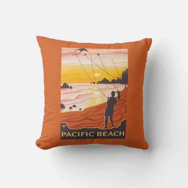 Beach & Kites - Pacific Beach, Washington Throw Pillow (Front)