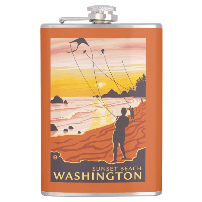 Beach & Kites - Sunset Beach, Washington Flask (Front)