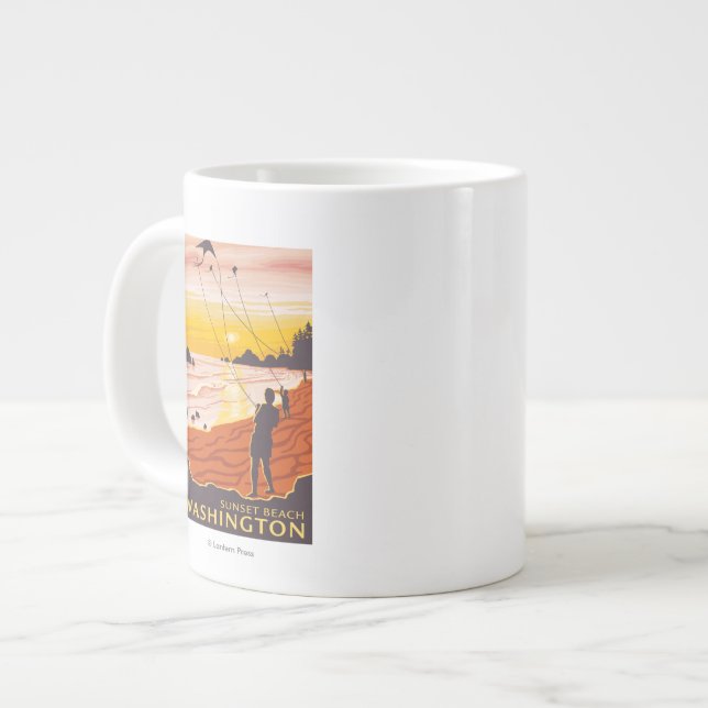 Beach & Kites - Sunset Beach, Washington Giant Coffee Mug (Front Left)