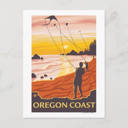 Beach  KitesCoastVintage Travel Poster Postcard