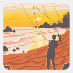 Beach & KitesCoastVintage Travel Poster Square Sticker