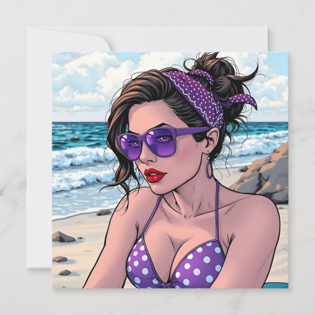 Beach Lady in Shades, Bikini and Bandana  Card (Front)