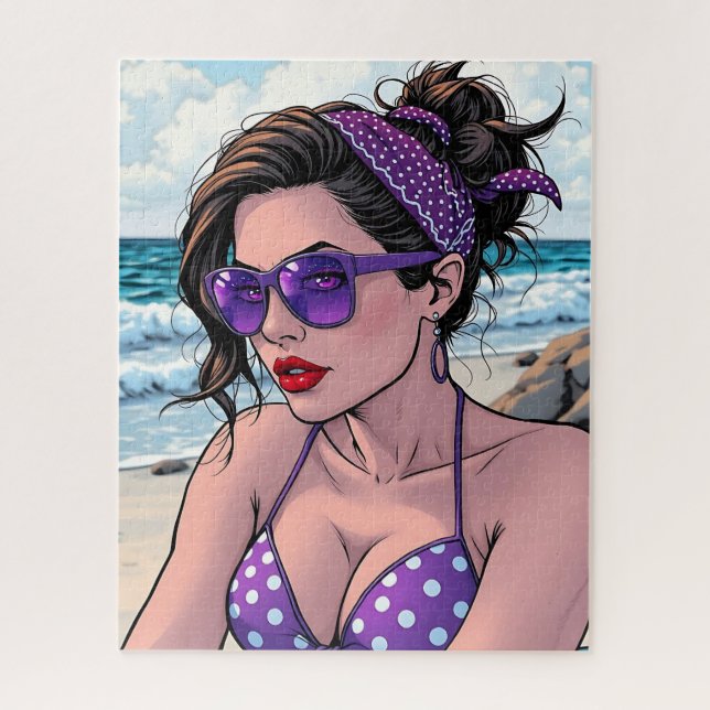 Beach Lady in Shades, Bikini and Bandana  Jigsaw Puzzle (Vertical)
