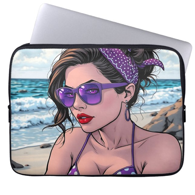 Beach Lady in Shades, Bikini and Bandana  Laptop Sleeve (Front)