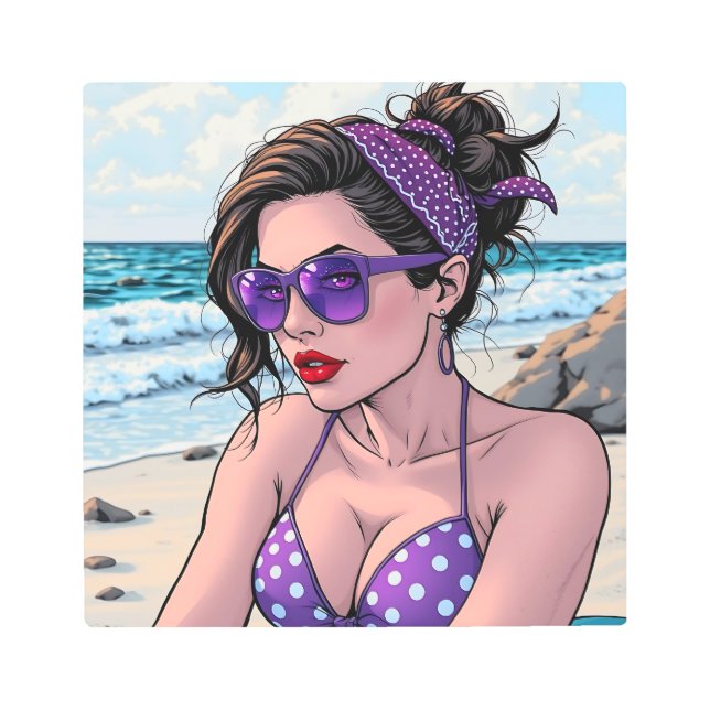 Beach Lady in Shades, Bikini and Bandana  Metal Print (Front)