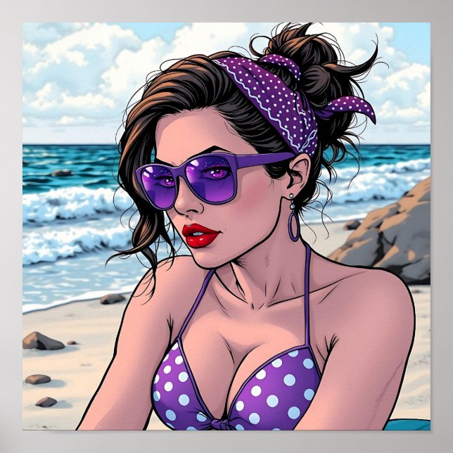Beach Lady in Shades, Bikini and Bandana  Poster (Front)