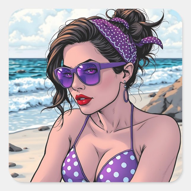 Beach Lady in Shades, Bikini and Bandana  Square Sticker (Front)