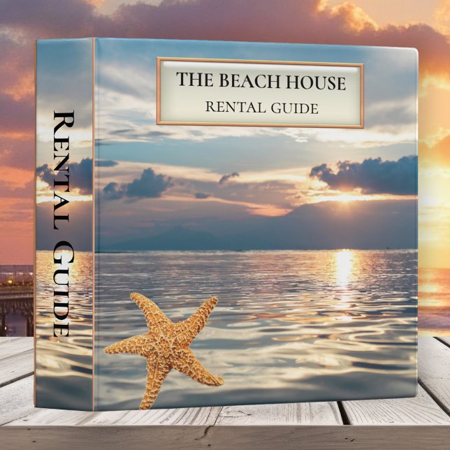 Beach Lake Side Rental Guide or Guestbook Binder (Beach house binder featuring an ocean at sunset with a starfish - guest information - sea - rental)