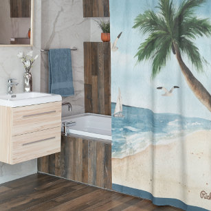 Beach Landscape with Sailboats Watercolor Bathroom Shower Curtain