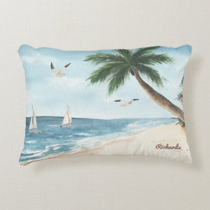 Beach Landscape with Sailboats Watercolor Blue Accent Pillow