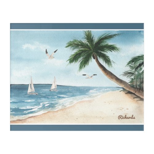 Beach Landscape with Sailboats Watercolor Blue Acrylic Print